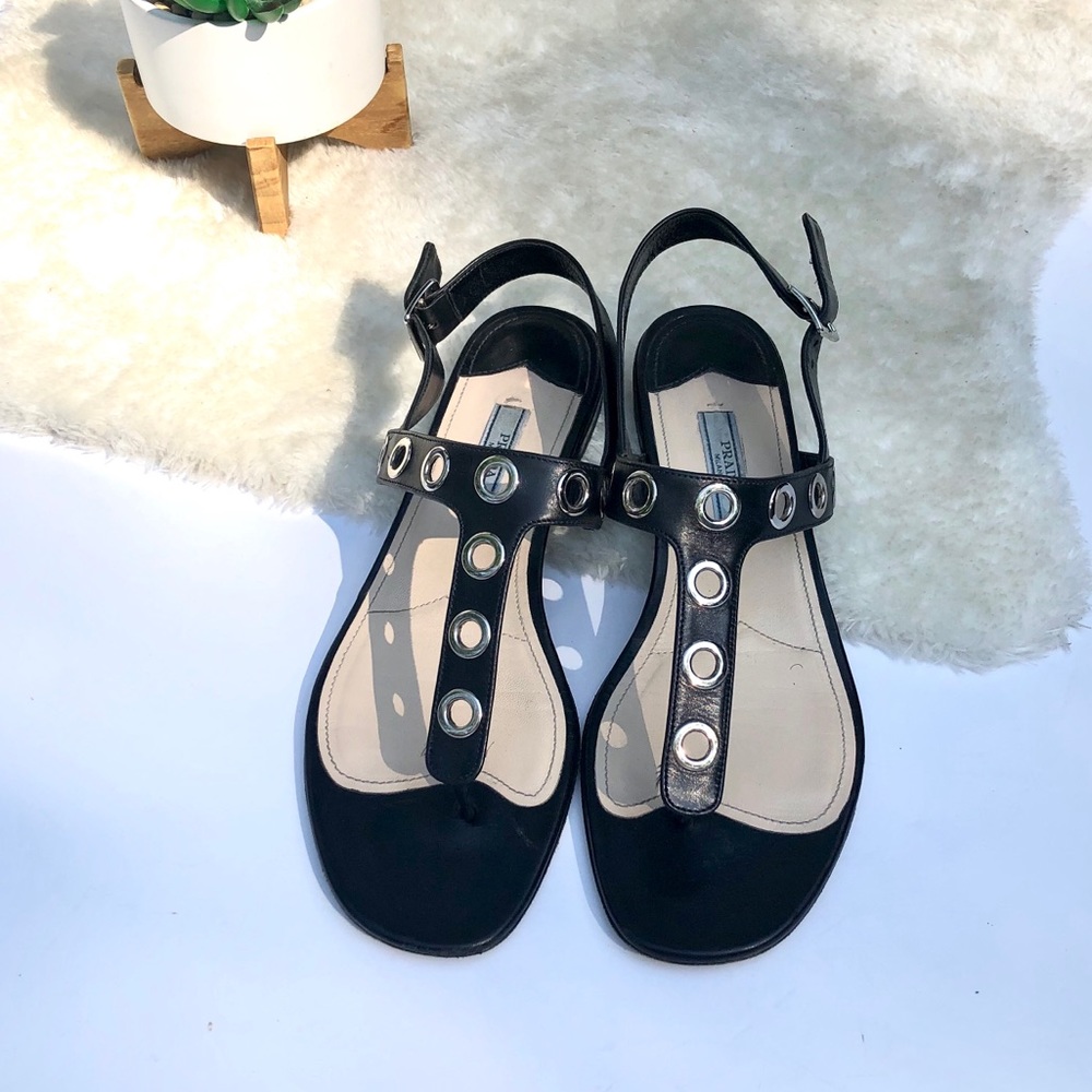 Prada | T Strap leather Sandals with Grommets